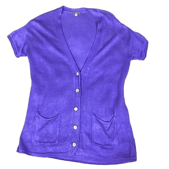 J Jill Longline Short Sleeve V-Neck Cardigan Sz M Purple Linen Rayon Bamboo 276H - Picture 1 of 9
